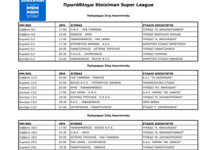 Το πρόγραμμα του Θρύλου από την 21η έως την 26η αγωνιστική!